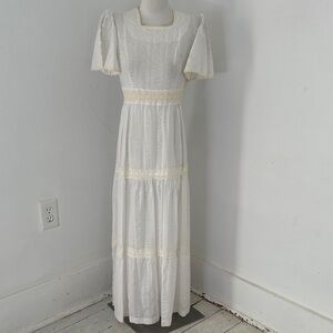 Vintage White Angelic Saks Prairie Cottagecore Maxi Dress Small